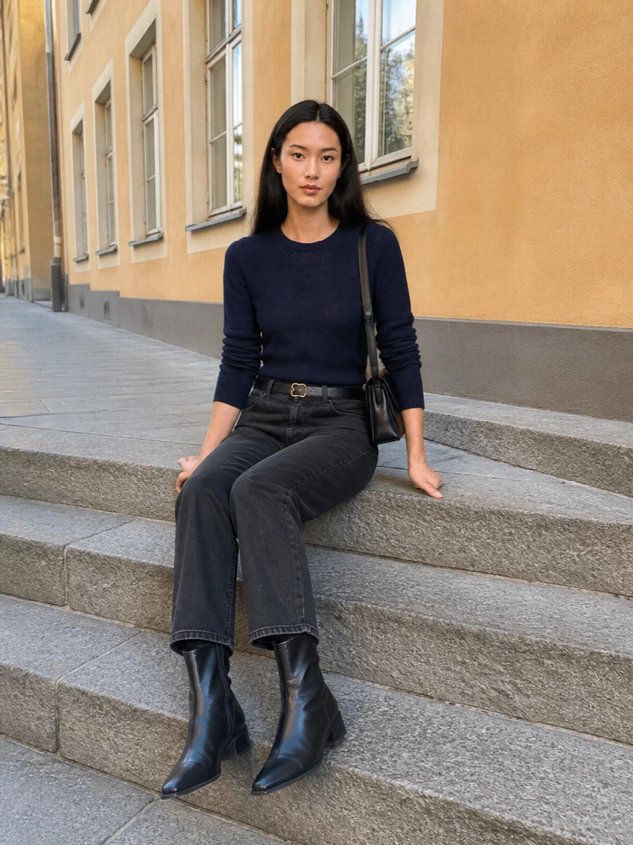 Auralee navy sweater charcoal trousers outfit