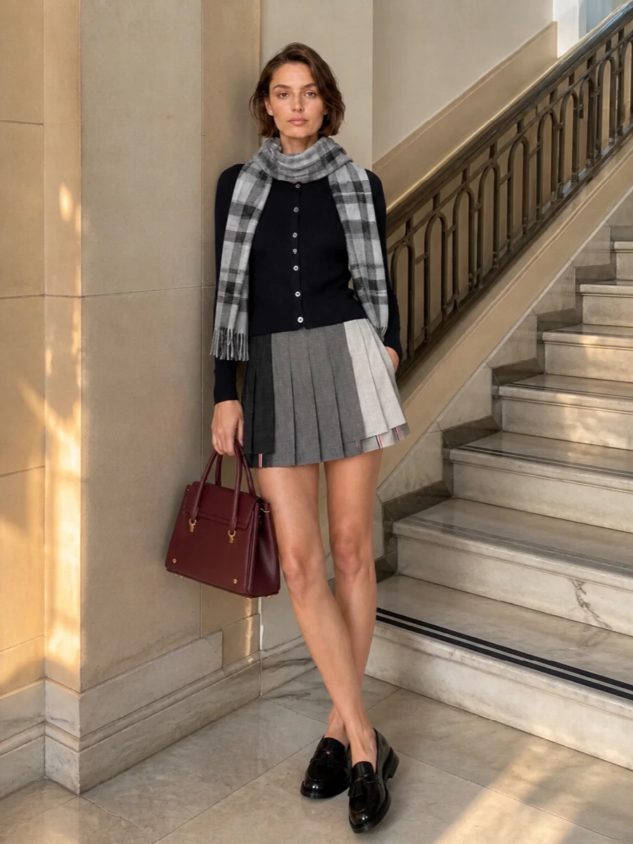 Thom browne navy cardigan grey pleated mini