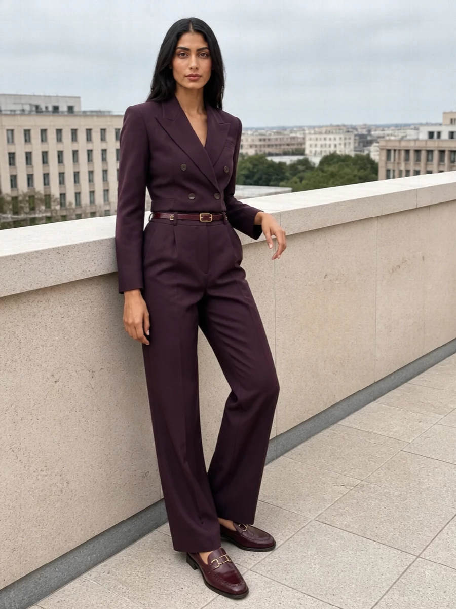 Tagliatore plum blazer tailored trousers outfit