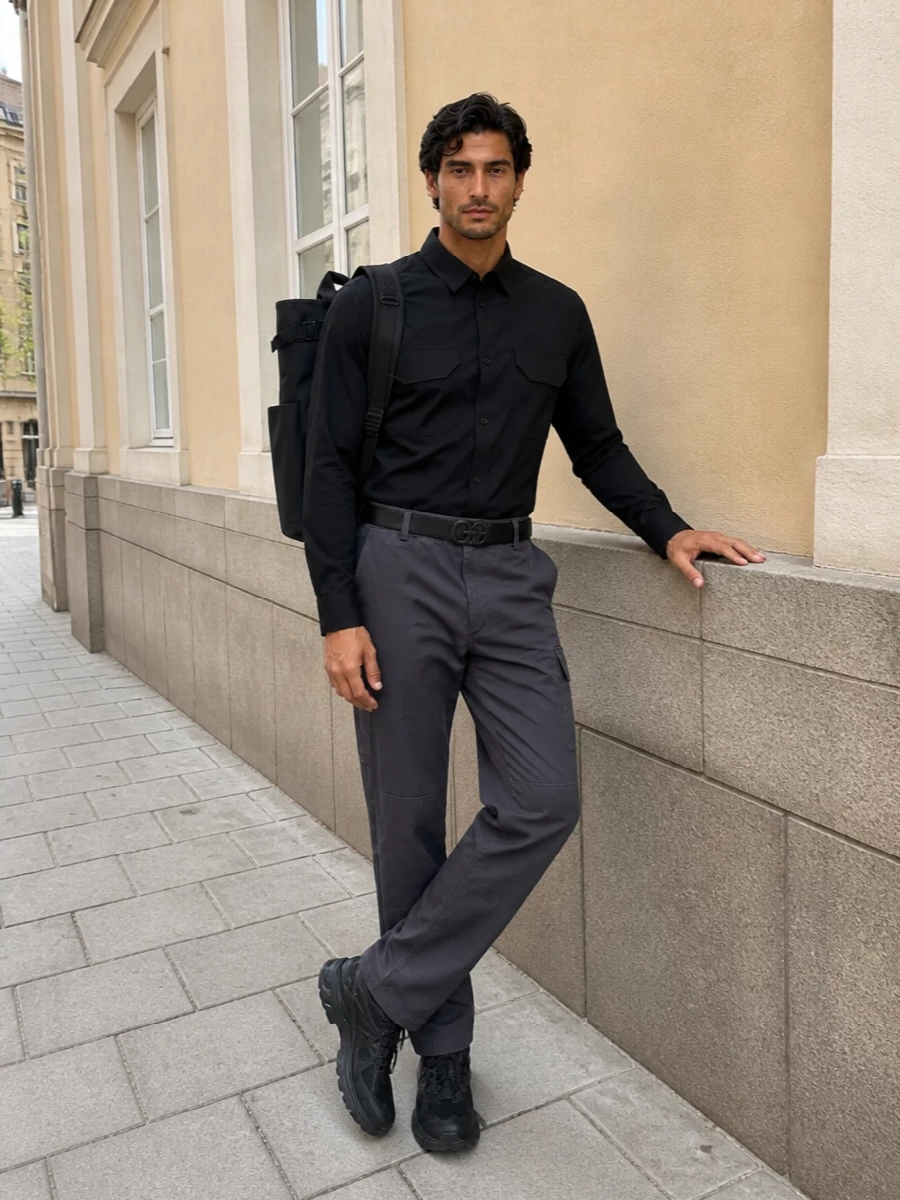 Gr10k cargo trousers black shirt new balance sneakers