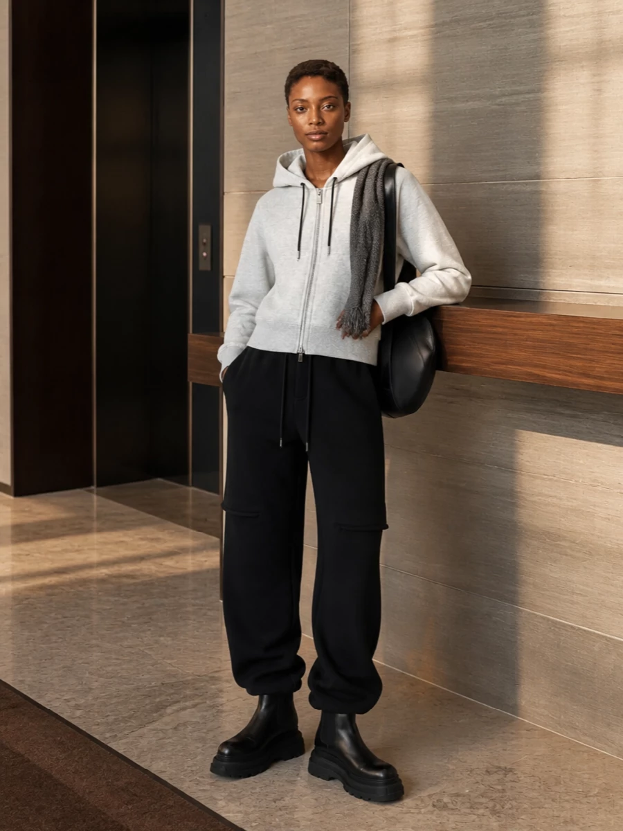 Sacai hoodie black wide leg joggers boots