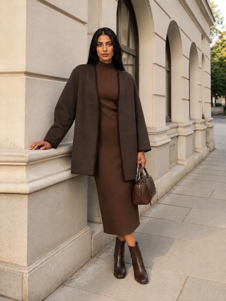 Max mara brown coat mocha midi dress outfit
