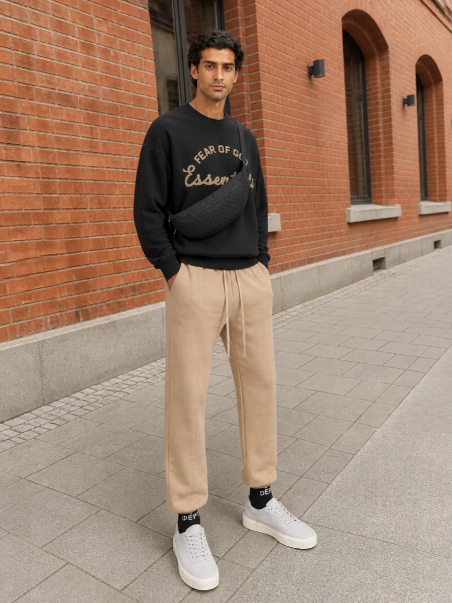 Fear of god essentials sweatshirt camel pants outfit