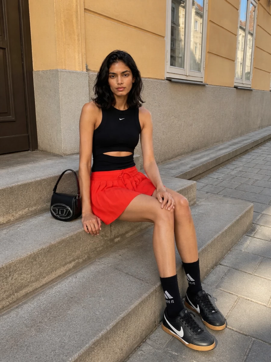 Nike red tennis skirt black crop top outfit