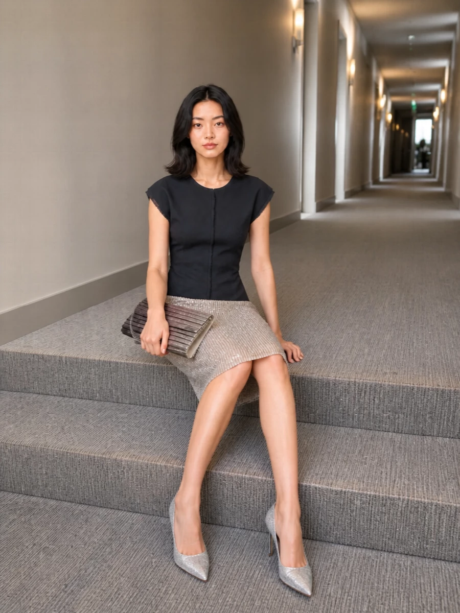 A sculpted ink top tempers the sequinned pencil skirt, keeping the mood polished and quietly glamorous for evening. Silver pumps and an ombré clutch pick up the skirt’s shimmer without tipping into excess. The result is a clean, columnar silhouette that feels modern and considered from dinner to late-night drinks.