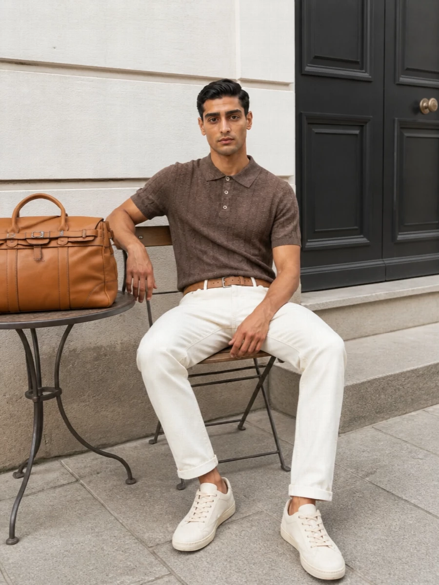 Mocha knit against ivory trousers creates a calm, tonal contrast that feels considered without reading formal. The straight, clean lines keep the silhouette sharp while the suede sneakers and belt soften everything into relaxed summer polish. It is an easy city or travel outfit that reads quietly expensive in any light neutral setting.
