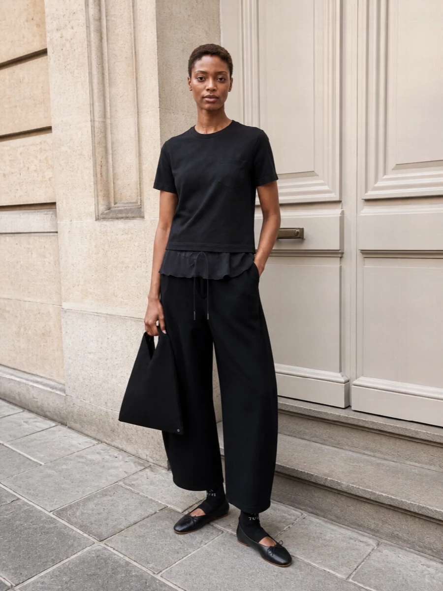 Sacai wide leg pants black tee ballet flats