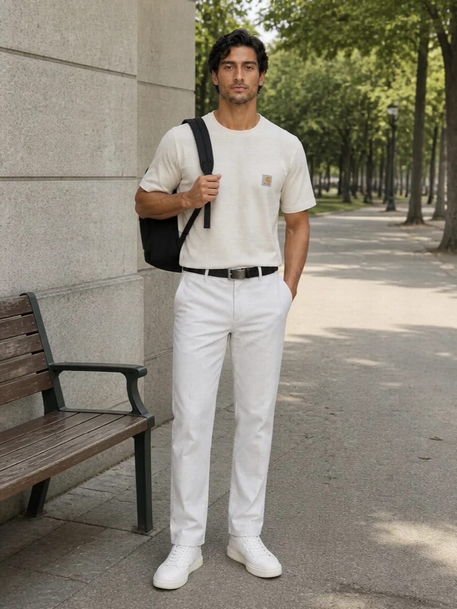 Off white Carhartt chinos with the matching boxy tee create a clean, almost monochrome base that feels fresh and quietly graphic. Crisp Woolrich sneakers and a black Carhartt backpack bring in subtle contrast and polish, while the slim Mm6 belt adds just enough structure to keep the workwear ease feeling considered rather than sloppy.