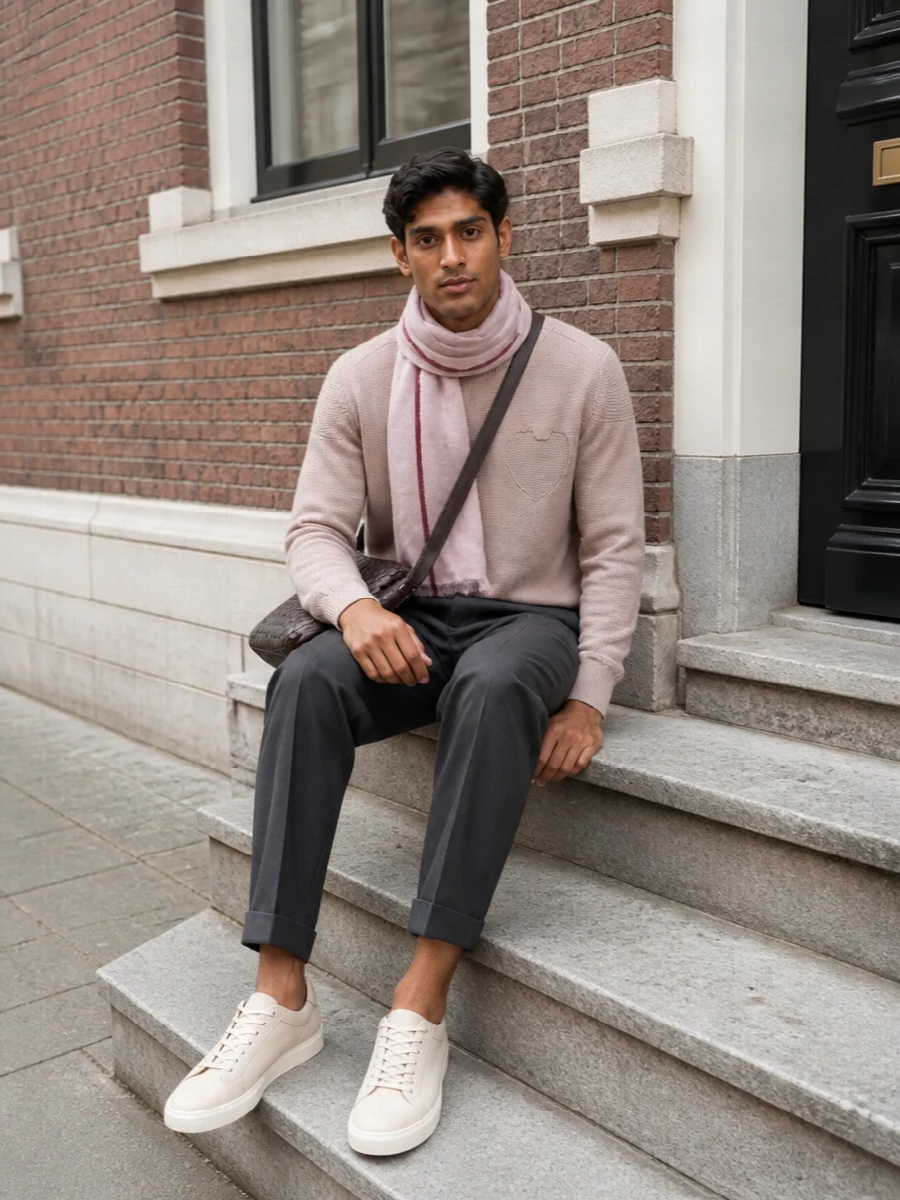 Moschino blush sweater charcoal trousers outfit