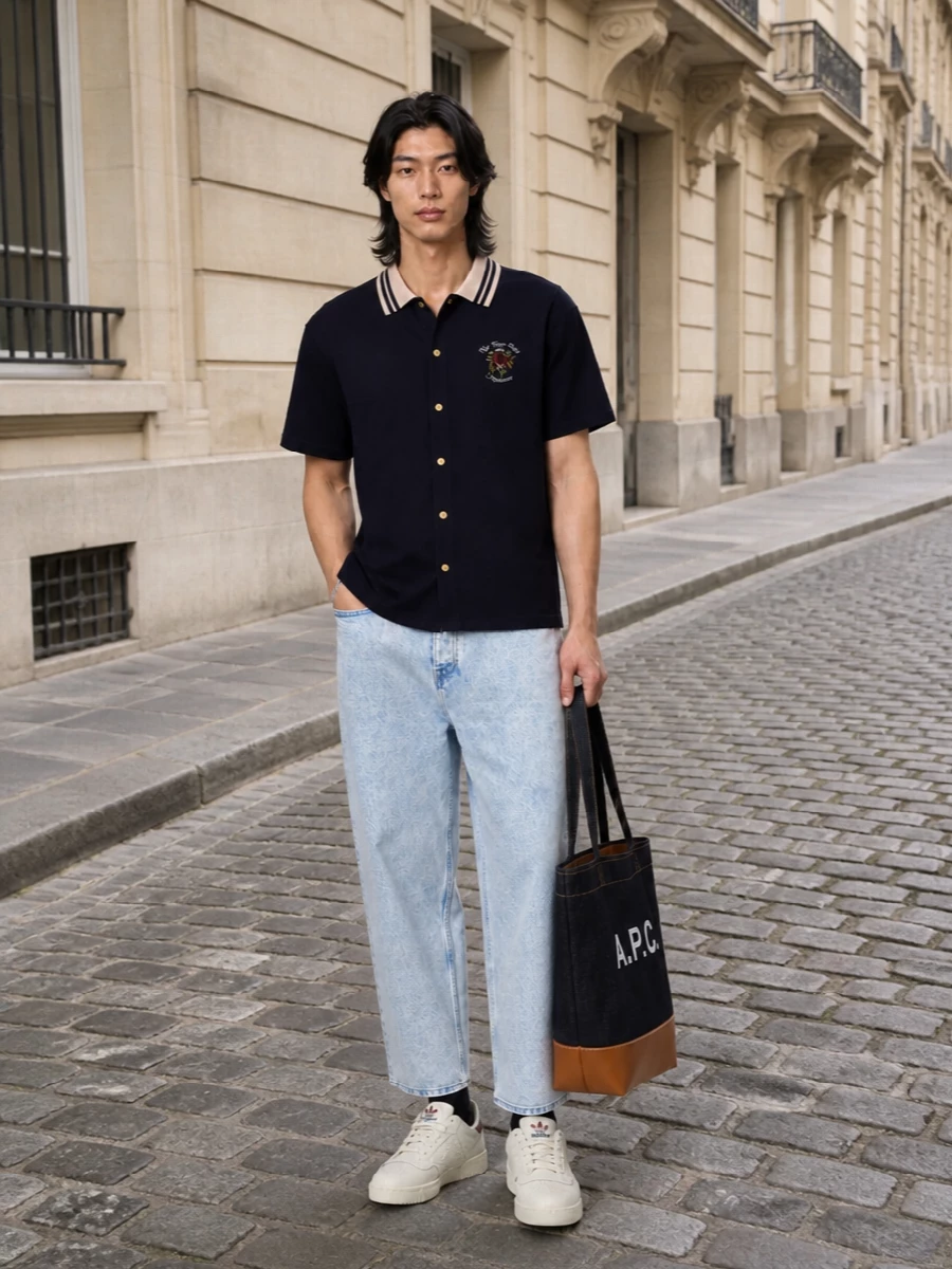 Drole de monsieur varsity shirt light jeans outfit