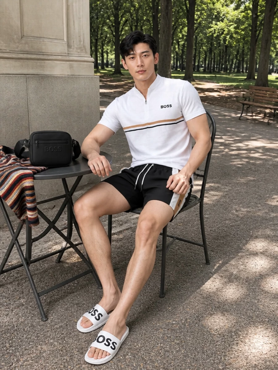 Boss swim shorts white zip polo and slides