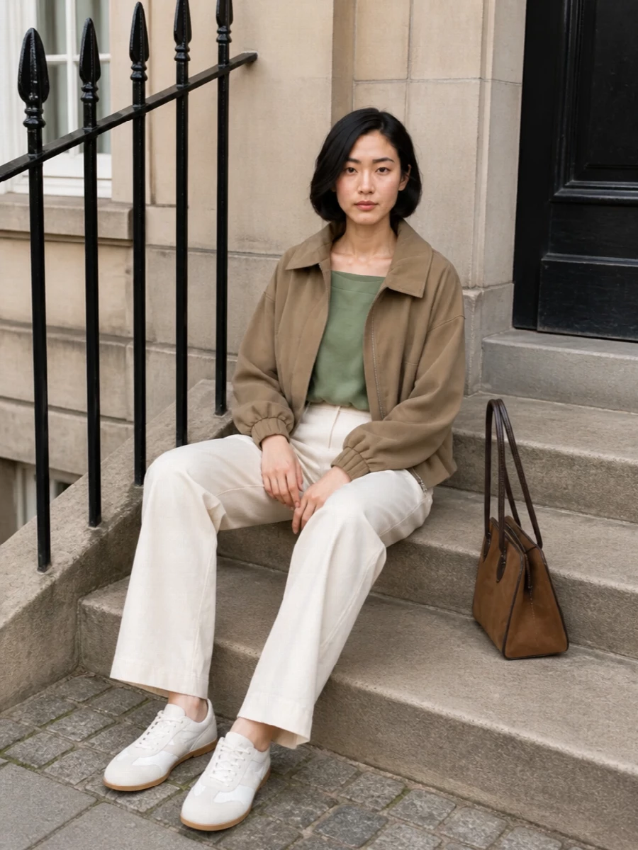 Dries van noten taupe jacket cream wide leg trousers