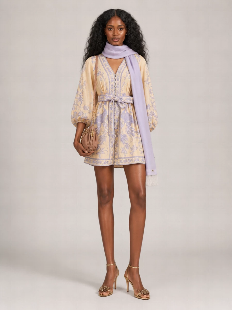 Zimmermann Linen Floral-Print V-Neck Long-Sleeve Mini Dress