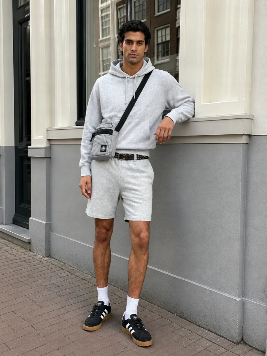 Stussy hoodie grey shorts adidas trainers