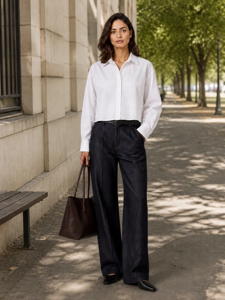 Calvin klein wide leg trousers cropped shirt outfit