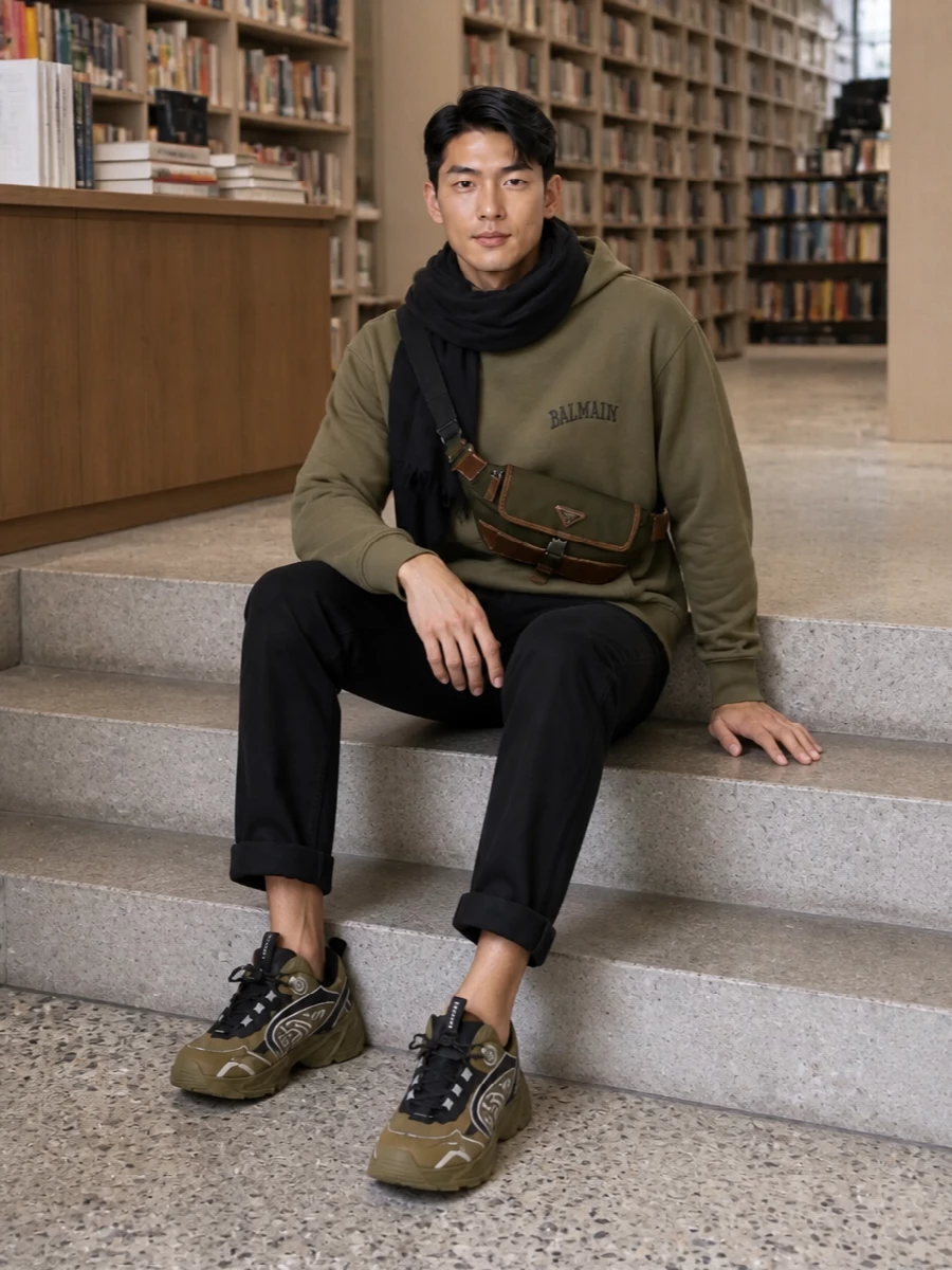 Balmain olive hoodie black jeans chunky sneakers