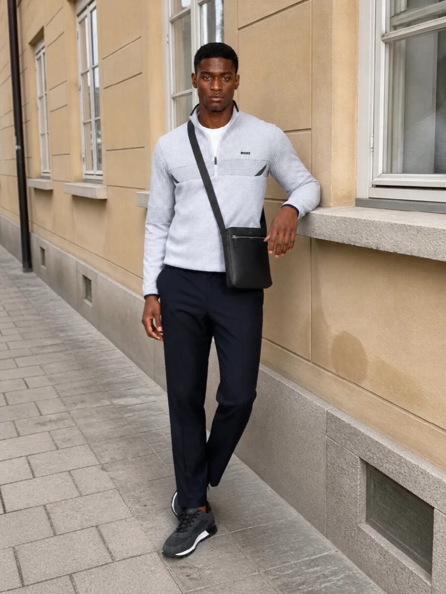 Boss mens half zip polo navy trousers outfit