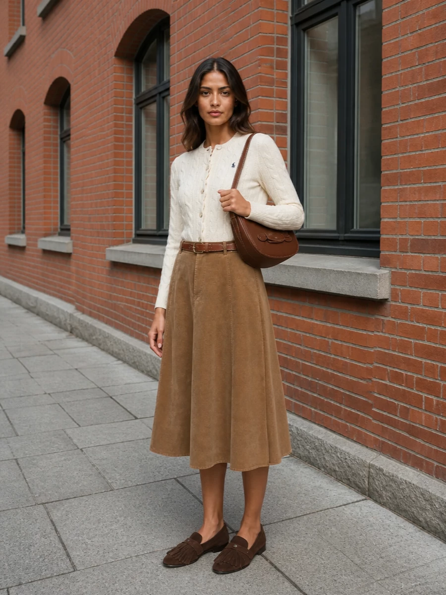 Ralph lauren cardigan camel corduroy midi skirt