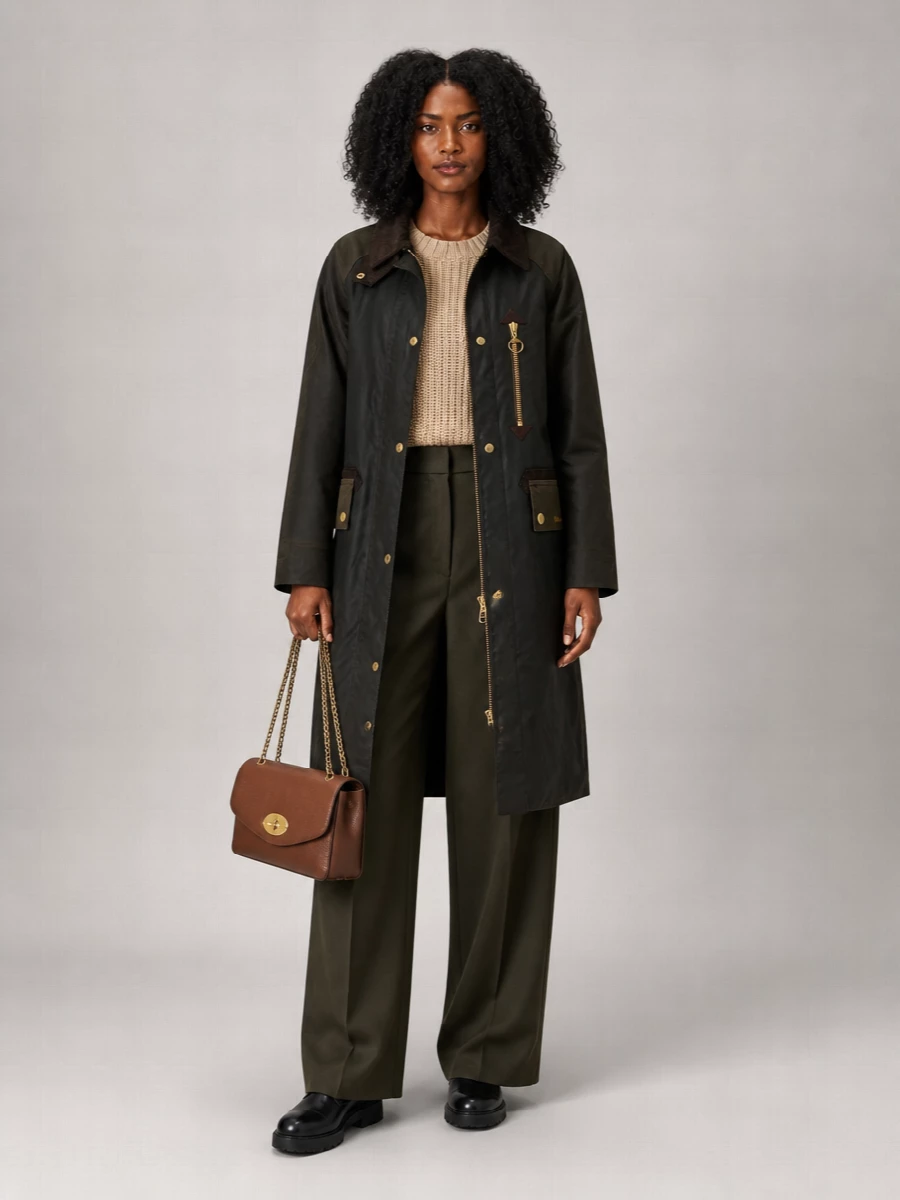 Barbour Long Jacket With Contrast Sleeves And Corduroy Collar