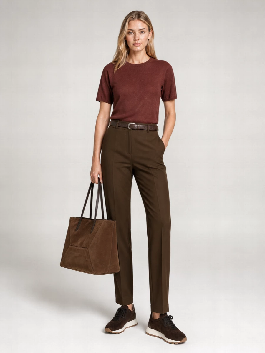 A cocoa knit tee meets deep chocolate tailored trousers for a tonal column that feels calm, precise and quietly expensive. Espresso suede runners and a chestnut suede tote keep the mood relaxed but intentional, ideal for city days that move from desk to dinner. A slim chocolate belt finishes the line, adding just enough structure without disturbing the softness of the palette.