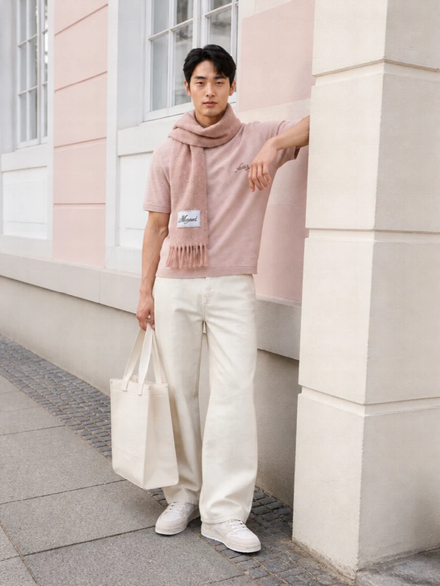 Acne blush knit apc wide leg trouser outfit