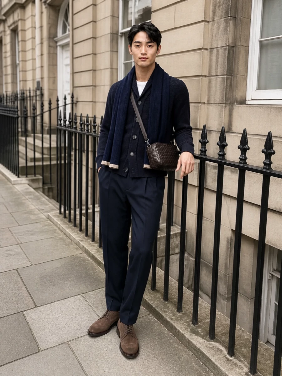 Brunello cucinelli navy cardigan pleated trousers