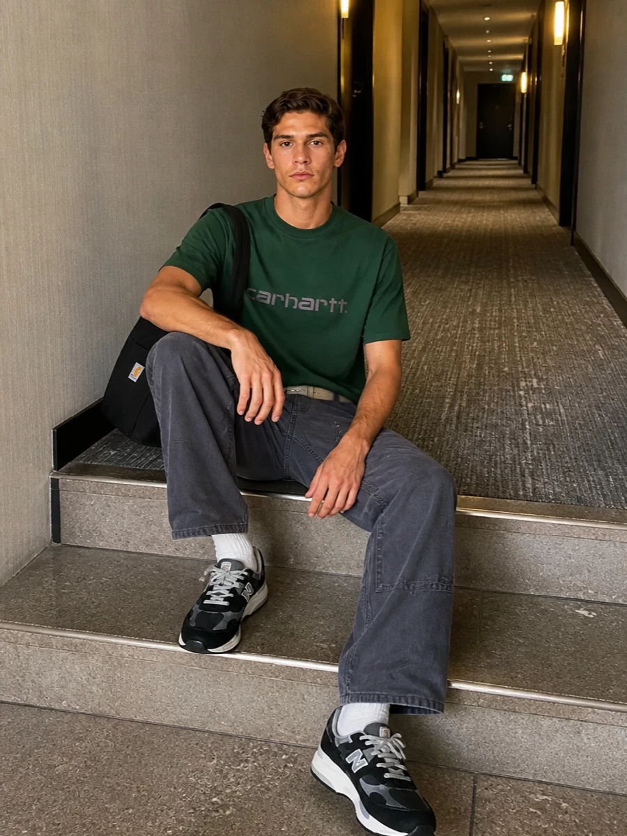 Forest green and washed charcoal sit together in a relaxed, skate-leaning uniform that feels easy but considered. The straight-leg work pants and technical runners keep the silhouette clean and mobile, while the sand belt and black tote bring just enough utility detail to make it feel styled rather than thrown on. It is an off-duty city outfit built for repeat wear, with the Carhartt tee as the quiet focal point.