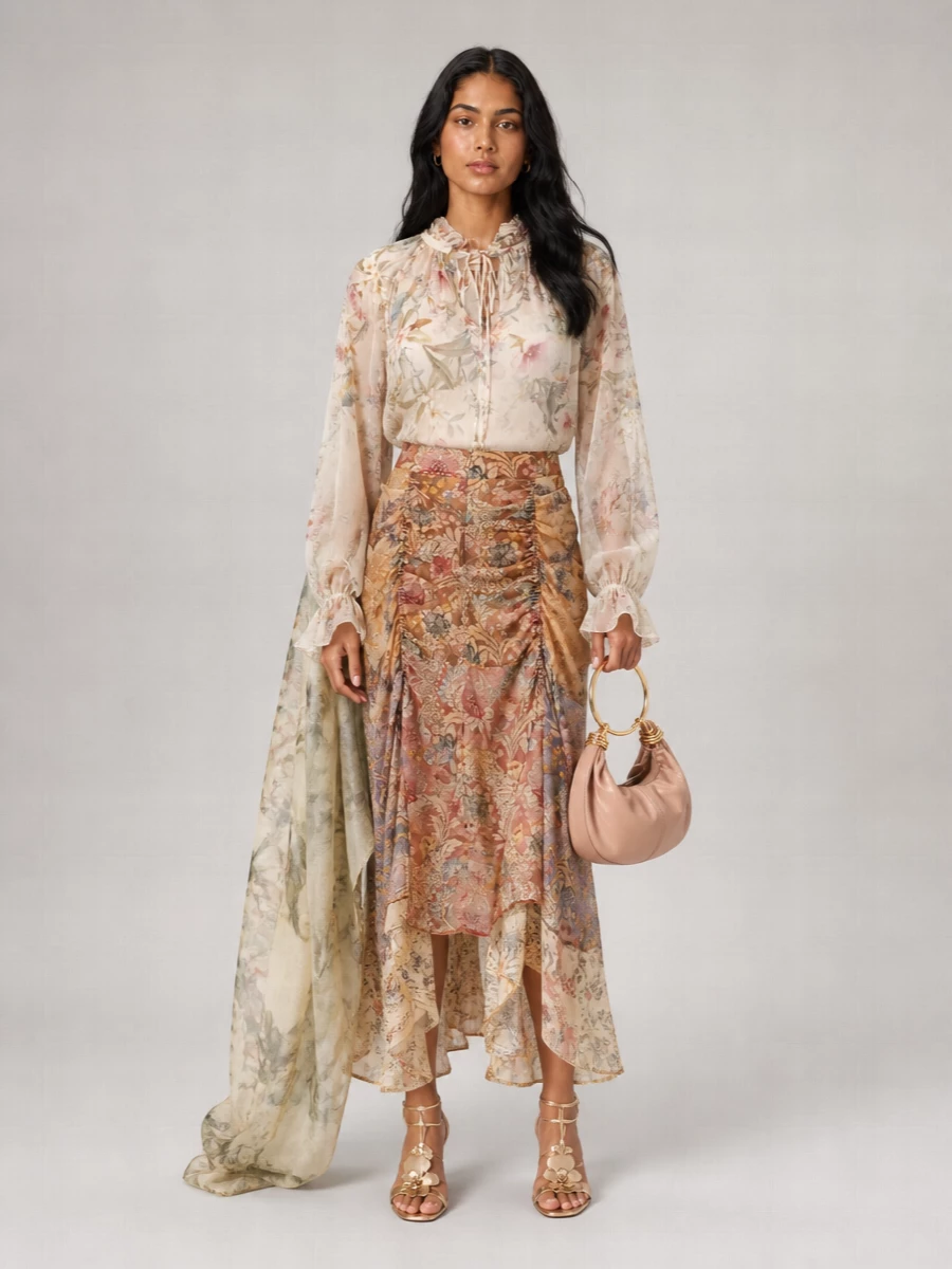 Zimmermann Silk Linen Draped Asymmetric Floral-Print Midi Skirt