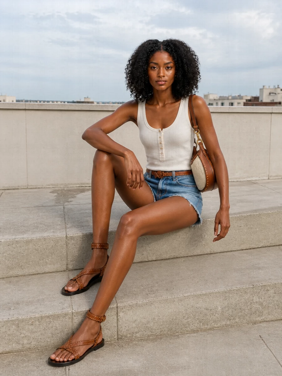 High-rise frayed shorts meet a softly worn-in ivory henley for that easy Parisian take on cut-offs. Tan leather sandals, a woven hobo and a knotted belt warm the palette and add subtle structure. The result is relaxed, sun-ready and boho without feeling costume, made for long city afternoons that run into terrace evenings.