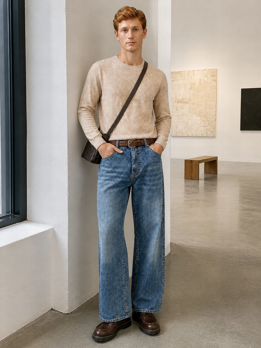 Etro wide leg jeans beige paisley knit