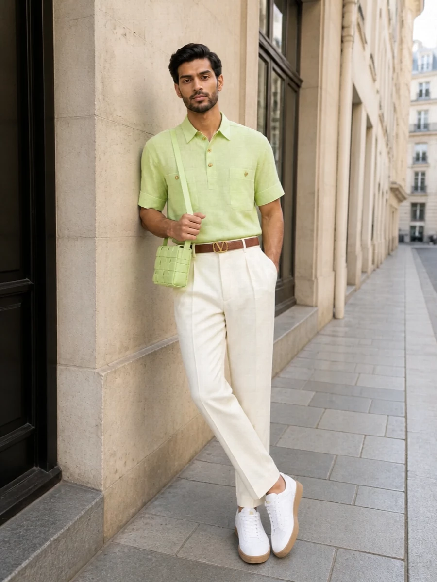 This look frames the pistachio Valentino shirt with high-waisted cream tailoring for a clean, softly sculpted silhouette that feels elevated yet relaxed. Optic-white gum-sole sneakers and a matching pistachio intrecciato crossbody keep the palette light and coherent, while a slim gold-buckled belt quietly echoes the shirt’s hardware for a fully resolved, modern preppy ensemble.