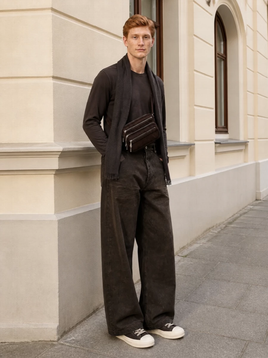 Rick owens brown wide leg pants tonal tee sneakers