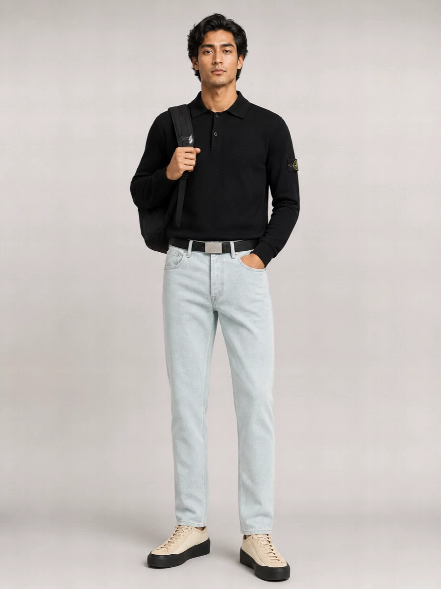 Stone Island Ribbed Cotton Long-Sleeve Polo Shirt