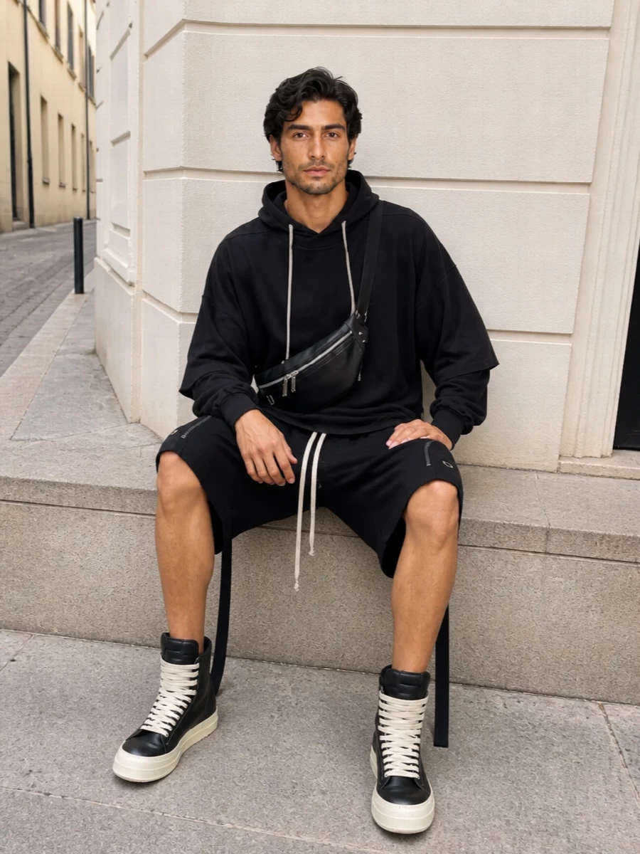 Rick owens drkshdw black hoodie high top outfit