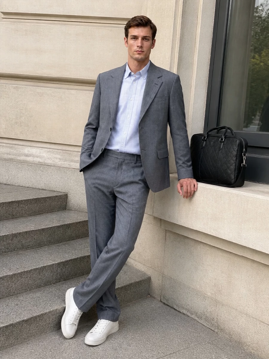 Golden goose grey suit striped shirt gucci bag