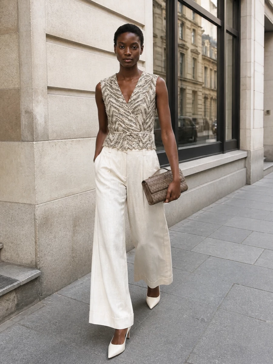 This look builds a refined SS evening column around the sequinned wrap top, pairing it with fluid high-waisted ivory wide-leg trousers for length and ease. Cream slingback stilettos keep the line razor-sharp yet understated, while the taupe intrecciato clutch anchors the luminous neutrals with a discreet, textural note of luxury. The result is romantic, tailored and quietly glamorous—perfect for polished summer dinners and events.