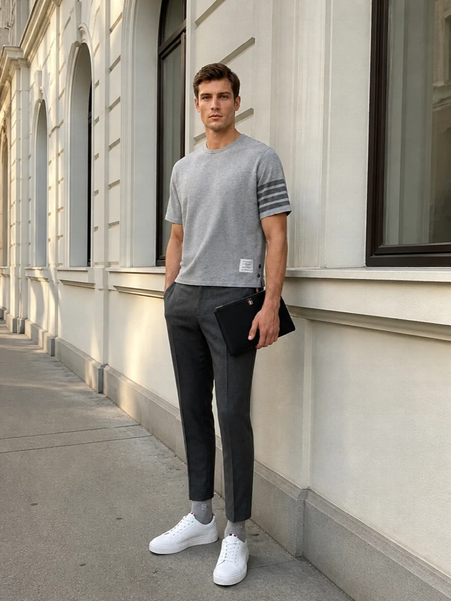 Thom browne grey tee charcoal trousers sneakers