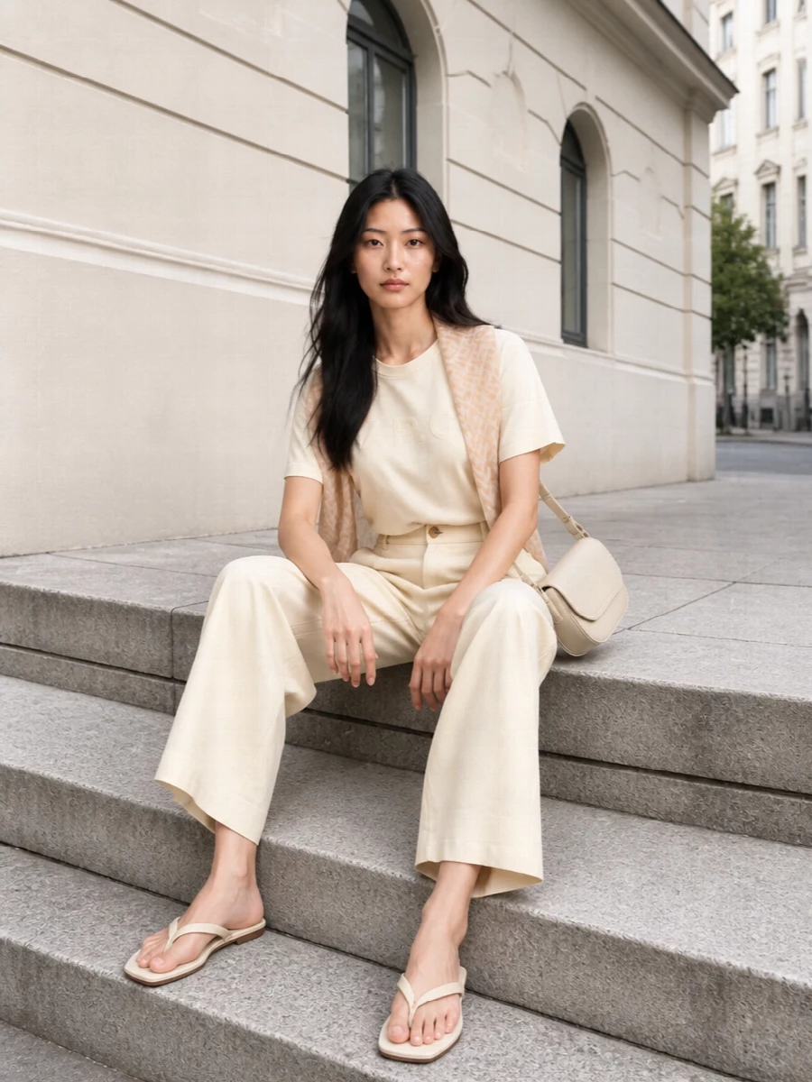 Soft ivory on buttercream keeps this A.P.C. tee pared back and refined, with pleated wide-leg trousers giving that easy, elongated line. Cream thong slides and a small butter-tone shoulder bag keep everything light and city-ready, while a gauzy neutral scarf adds just enough texture to stop the neutrals feeling flat. The result is quietly polished, ideal for coffee runs, galleries or a relaxed open-plan office.