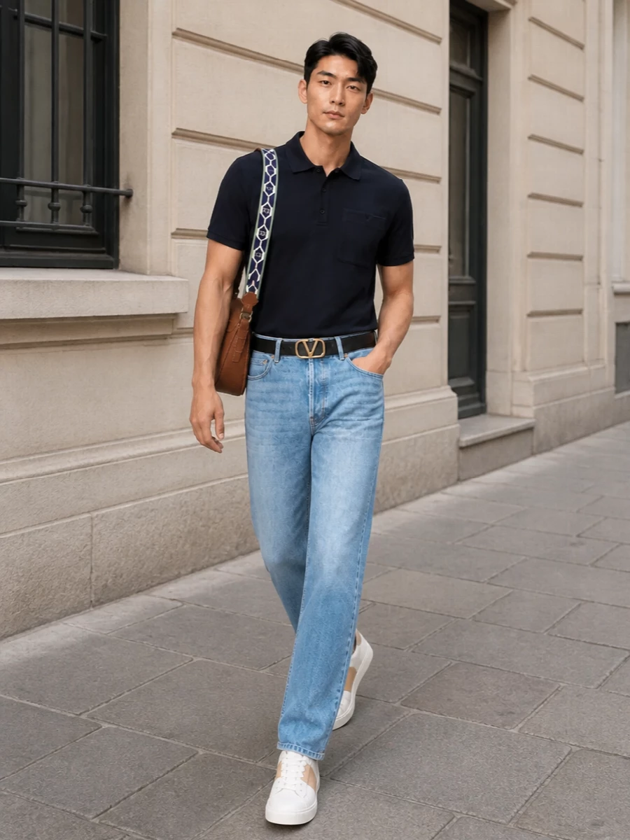 Light-wash Valentino denim is paired with a deep navy polo for a clean, preppy contrast that still feels relaxed and summery. Soft white-and-sand sneakers keep the look fresh and polished, while tan leather accessories introduce warmth and quiet luxury without disrupting the minimalist, straight-leg silhouette. It’s an easy SS uniform that moves seamlessly from city afternoons to understated dinners.