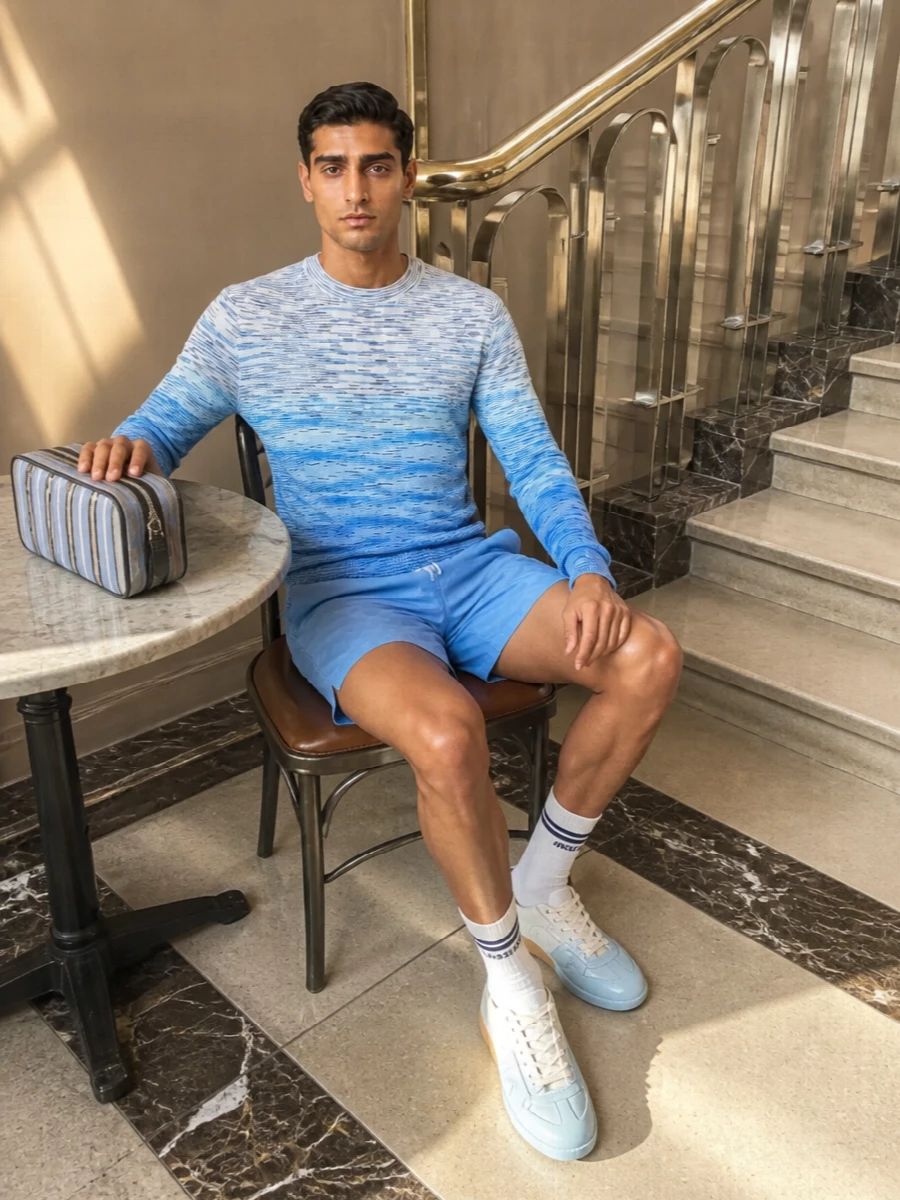 Missoni blue knit swim shorts sneakers outfit