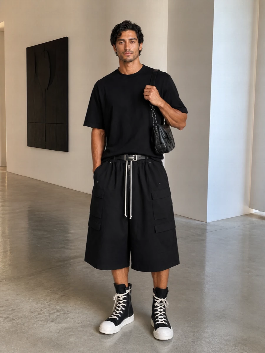 Rick owens black cargo shorts summer outfit