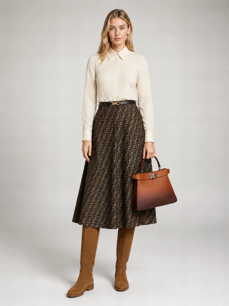 Fendi Silk High-Rise Pleated A-Line Midi Skirt
