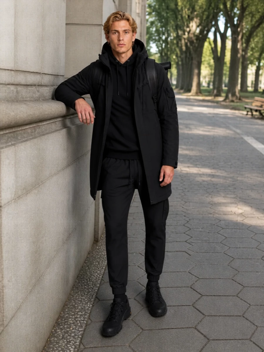 Mens black parka cargo pants hiker sneakers