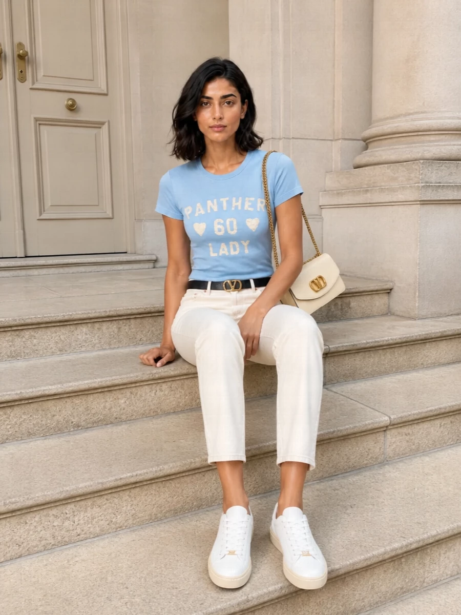 Powder blue and soft ivory keep this tee-and-trouser pairing light and collegiate, while the sharp cut of the denim-style pant keeps everything precise rather than slouchy. Clean white leather sneakers echo the tee’s ease, and a buttercream shoulder bag plus slim logo belt bring just enough structure for city days that move beyond off duty. It reads relaxed, edited and quietly high-end, ideal for spring afternoons and casual dinners alike.