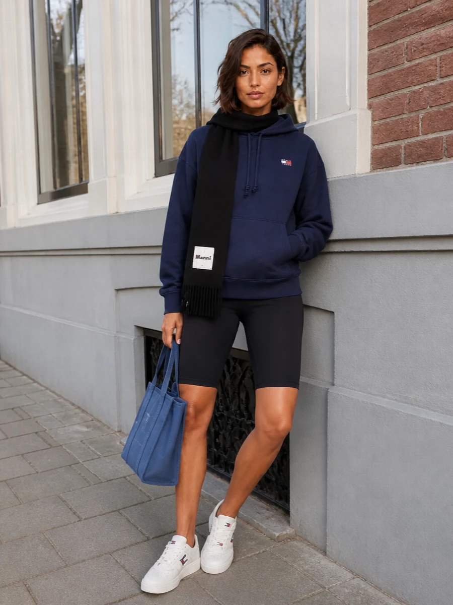 Tommy hoodie navy bike shorts sneakers