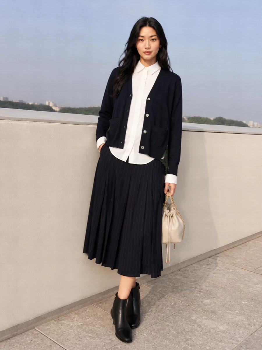 Sacai cardigan white shirt midi skirt outfit