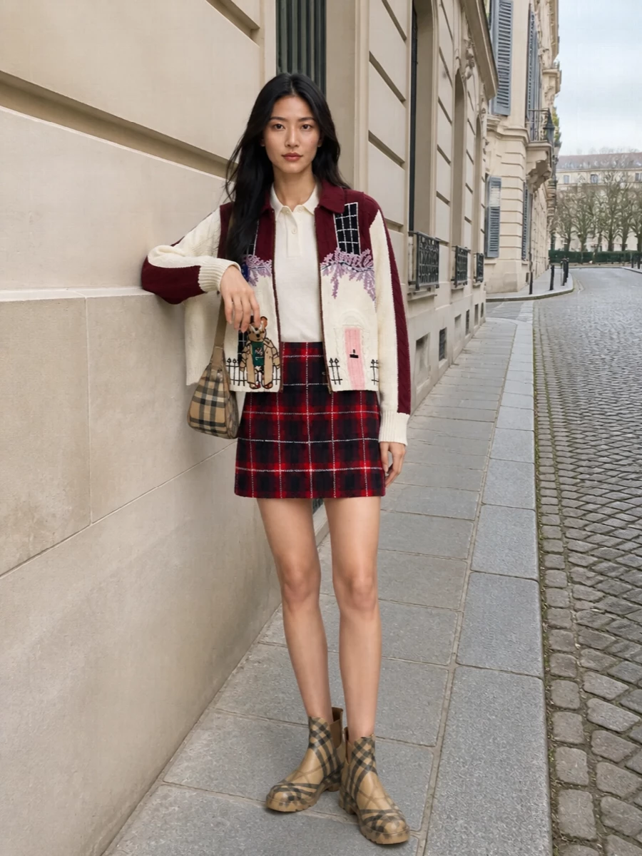 Burberry bear cardigan tartan mini skirt outfit