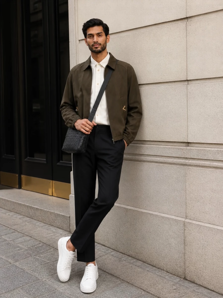 Valentino olive blouson black trousers outfit