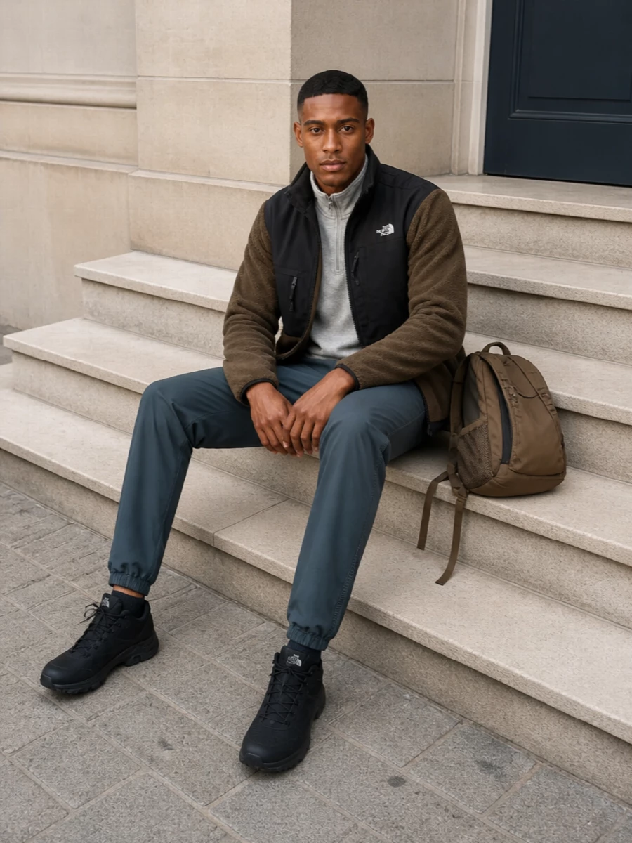 A city-ready trail outfit that leans into The North Face utility codes with a grounded earthy palette. The brown and black fleece sits over a soft grey quarter-zip, paired with slate technical track pants and black trail sneakers for weather-aware movement. An earthy tan-and-brown backpack ties the tones together, so the whole composition feels intentional whether you are crossing town or heading out of it.