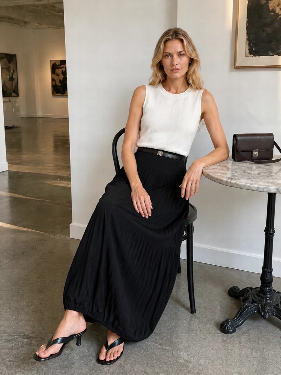 Toteme black maxi skirt ivory top outfit